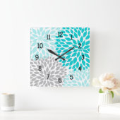 Horloge Carrée Moderne Dahlia fleurs turquoise bleu gris gris gri (Maison)