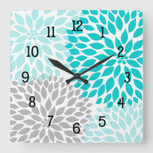 Horloge Carrée Moderne Dahlia fleurs turquoise bleu gris gris gri