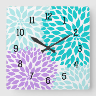 Horloge Carrée Moderne Dahlia fleurs turquoise lavande violet