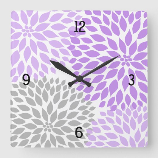 Horloge Carrée Moderne Dahlia fleurs violet lavande gris #2 (Recto)