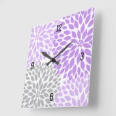Horloge Carrée Moderne Dahlia fleurs violet lavande gris #2 (Angle)