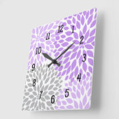 Horloge Carrée Moderne Dahlia fleurs violet lavande gris gris gri (Angle)