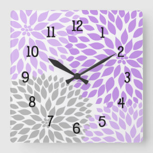 Horloge Carrée Moderne Dahlia fleurs violet lavande gris gris gri
