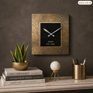 Horloge Carrée Moderne minimaliste cuir doré et noir