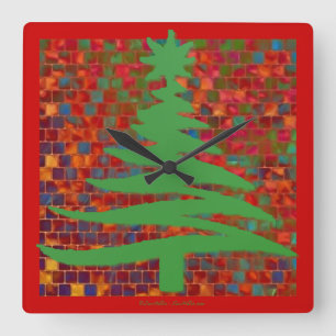 Horloge Carrée Moderne pochoir d'arbre de Noël imprimé vert