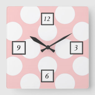 Horloge Carrée Moderne rougissent le motif de pois blanc rose