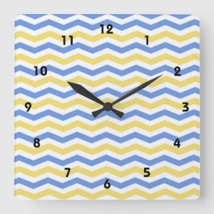 Horloge Carrée Moderne, tendance, élégant bleu et jaune chevron