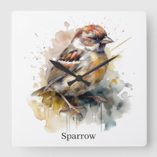 Horloge Carrée Moineau aquarelle rustique, personnalisé