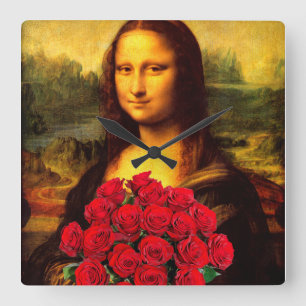 Horloge Carrée Mona Lisa Avec Bouquet De Roses Rouges