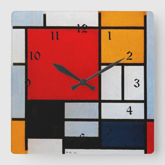 Horloge Carrée Mondrian - Composition avec grand plan rouge (Recto)