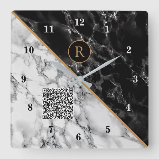 Horloge Carrée Monogram Clock Your Code QR - Black White Marble (Recto)