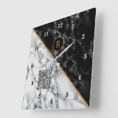 Horloge Carrée Monogram Clock Your Code QR - Black White Marble (Angle)