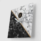 Horloge Carrée Monogram Wall Clock with Black White Marble Stone (Angle)
