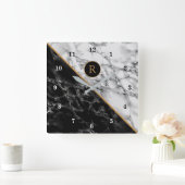 Horloge Carrée Monogram Wall Clock with Black White Marble Stone (Maison)