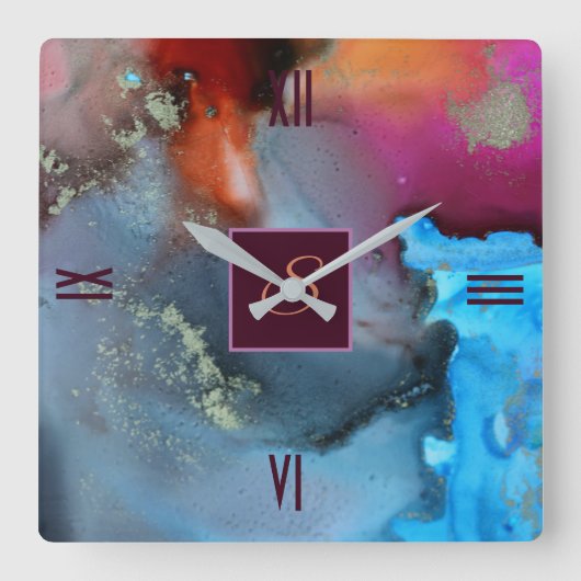 Horloge Carrée Monograme de Blue Red Orange Abstract Waves (Recto)
