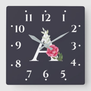 Horloge Carrée Monogramme A en rose blanc et feuilles grises