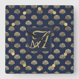 Horloge Carrée Monogramme ART DECO Coques Navy Blue Gold Nouveaux