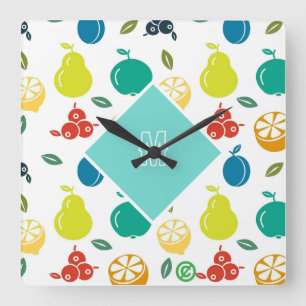 Horloge Carrée Monogramme blanc et vert Fruits colorés Anniversai