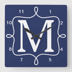 Horloge Carrée Monogramme bleu de la marine chic