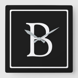 Horloge Carrée Monogramme Classique Simple Noir avec Texte Blan