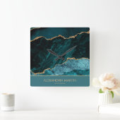 Horloge Carrée Monogramme de bureau en marbre Turquoise or modern (Maison)