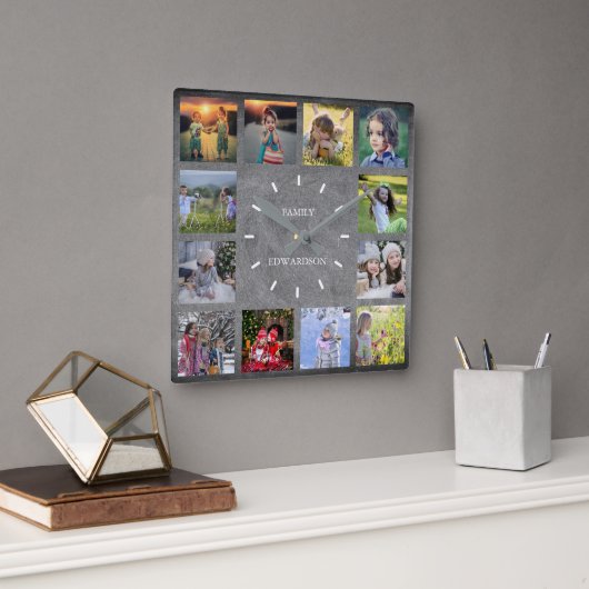 Horloge Carrée Monogramme de collage photo de la famille Rustic (Bureau)
