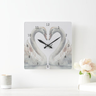 Horloge Carrée Monogramme de cygne romantique