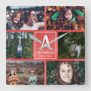 Horloge Carrée Monogramme de famille d'aquarelle et collage