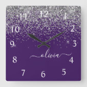 Horloge Carrée Monogramme de Parties scintillant d'argent violet (Recto)