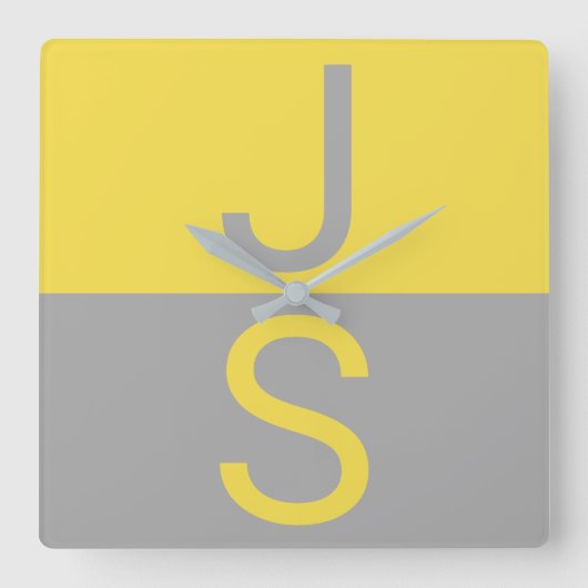 Horloge Carrée Monogramme d'initiales modernes jaune et gris (Recto)