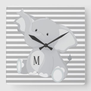 Horloge Carrée Monogramme éléphant tendance gris et rayures blanc