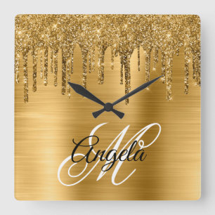 Horloge Carrée Monogramme Fantaisie Paillettes Gouttes de Feuille