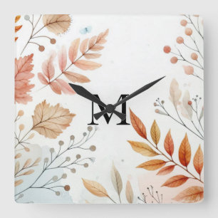 Horloge Carrée Monogramme Feuilles d'automne aquarelle couleur pa
