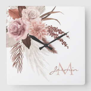 Horloge Carrée Monogramme floral herbe de Pampas rose Boho Blush