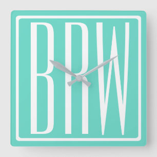 Horloge Carrée Monogramme Initiales 3 Moderne Gras Blanc Sur Aq