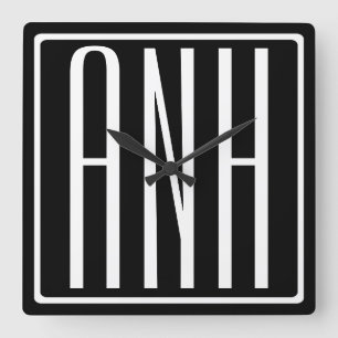 Horloge Carrée Monogramme Initiales 3 Moderne Gras Blanc Sur No