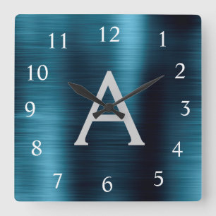 Horloge Carrée Monogramme métallique élégant bleu moderne Nom