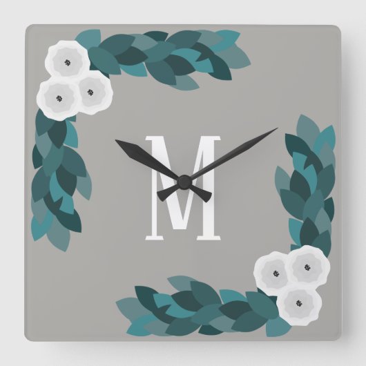 Horloge Carrée Monogramme moderne blanc Ranunculus Fleur & Foliag (Recto)