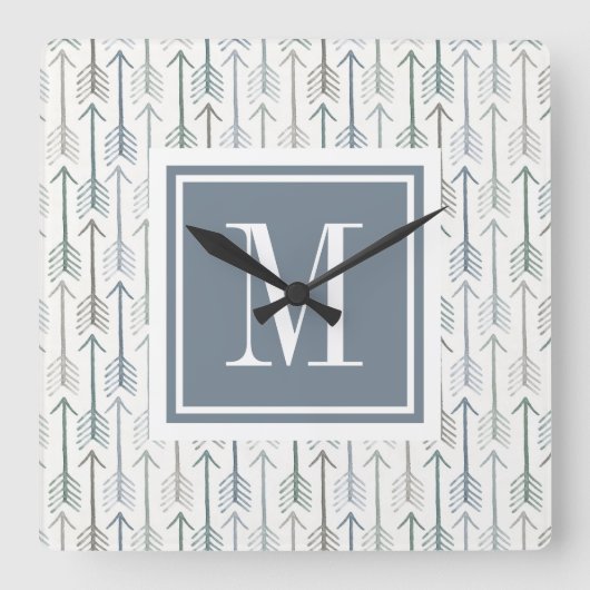 Horloge Carrée Monogramme | Motif de flèches d'aquarelle (Recto)