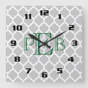 Horloge Carrée Monogramme Motif Quatrefoil marocain élégant