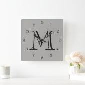 Horloge Carrée Monogramme noir chiffres de script sur gris wccn (Maison)