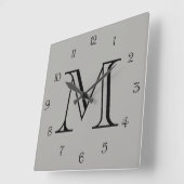 Horloge Carrée Monogramme noir chiffres de script sur gris wccn (Angle)
