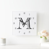 Horloge Carrée Monogramme noir chiffres de script sur wccn blanc (Maison)
