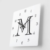 Horloge Carrée Monogramme noir chiffres de script sur wccn blanc (Angle)