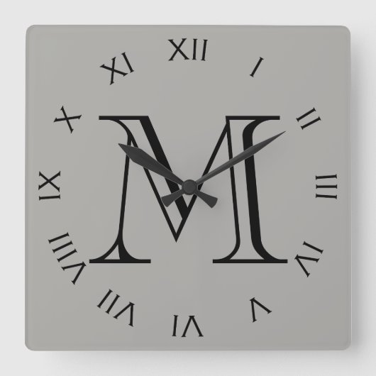 Horloge Carrée Monogramme noir chiffres romains sur gris wccn (Recto)