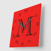 Horloge Carrée Monogramme Noir chiffres romains sur rouge wccn (Angle)