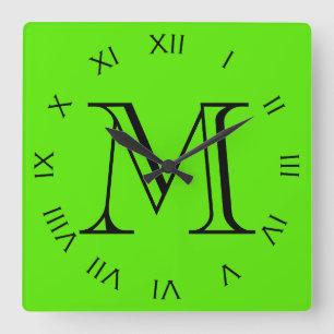 Horloge Carrée Monogramme noir chiffres romains sur vert wc