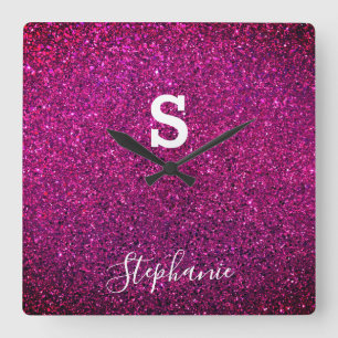 Horloge Carrée Monogramme Nom initial Purple Pink Parties scintil