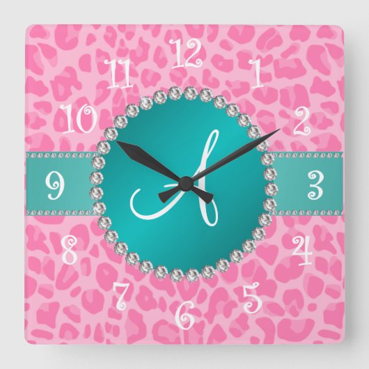 Horloge Carrée Monogramme rose clair empreinte de léopard cercle  (Recto)