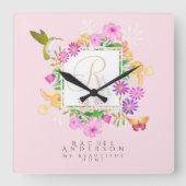 Horloge Carrée Monogramme rose du jardin floral (Recto)